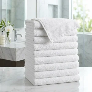 White terry towels stacked neatly